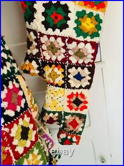 VTG Rainbow Granny Square Boho Crochet Bell Sleeve Afghan Knit 70s Hippie DRESS