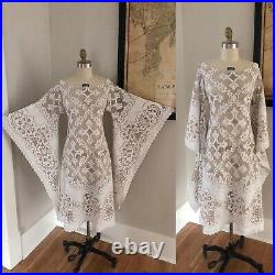 VTG Two Tone Lace BoHo Dress CUT OUT Hippie Crochet Bell Sleeve Wedding DRESS