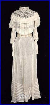 Very Rare Antique Edwardian High Neck Cotton & Silk Wedding Dress Size 2