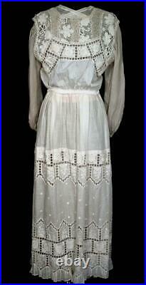 Very Rare Antique French Edwardian Era Cotton 2 Piece Lace Wedding Dress Size 8
