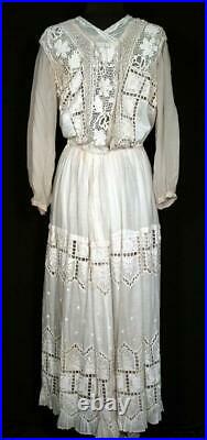 Very Rare Antique French Edwardian Era Cotton 2 Piece Lace Wedding Dress Size 8