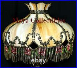 Victorian Antique Vintage Caramel Slag Glass Hanging Lamp Shade Beaded Fringe