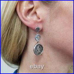 Vintage 1884 Collection Ster. Silver Antique Pius Coins Blue Glass Drop Earrings