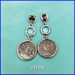 Vintage 1884 Collection Ster. Silver Antique Pius Coins Blue Glass Drop Earrings