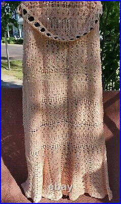Vintage 1930s 30s Pink Crochet Dress with Ribbons M