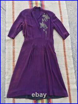 Vintage 1940s Rayon Crepe Dress Beaded Butterflies Flowers Aubergine 33 Waist