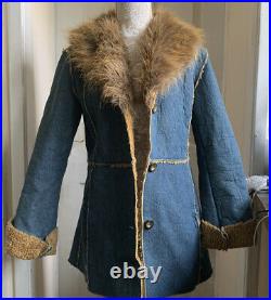 Vintage 1990s Denim And Faux Fur Penny Lane Afghan Coat Jacket UK12