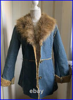 Vintage 1990s Denim And Faux Fur Penny Lane Afghan Coat Jacket UK12