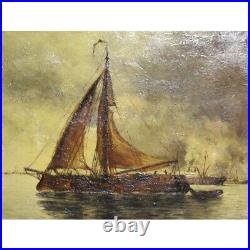 Vintage 20th Original Boats in a Port Oil canvas Painting signed F. BROCKMAN