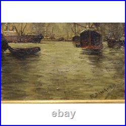 Vintage 20th Original Boats in a Port Oil canvas Painting signed F. BROCKMAN
