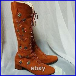 Vintage 60s 70s Gogo Boots Embroidered Floral Penny Lane Almost Famous Lace Up