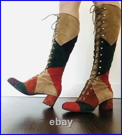 Vintage 60s Gogo Boots Penny Lane Boots Multi Color Patchwork Lace Up 70s Boho