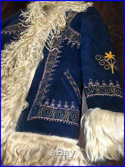 Vintage 70s Afghan Coat Jacket Sheepsking Shearling Floral Embroidered Shaggy