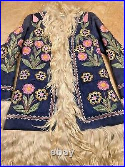 Vintage 70s Afghan Coat YAQUB Sheepskin Floral Embroidered Penny Lane Coat