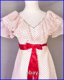 Vintage 70s BEAUTIFUL classic White Red Smocked Swiss Dot Dress Ribbon 2/4