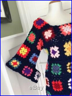 Vintage 70s BoHo Hippie Rainbow GRANNY SQUARE Crochet Angel Sleeve MiNi DRESS