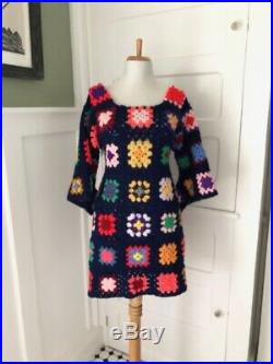Vintage 70s BoHo Hippie Rainbow GRANNY SQUARE Crochet Angel Sleeve MiNi DRESS