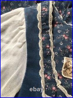 Vintage 70s Gunne Sax Dress Blue Calico Floral Velvet Lace Corset Prairie Maxi
