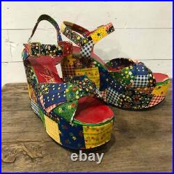 Vintage 70s Platforms Wedge Shoes Sandals Patchwork Flower Floral Hippie SIZE 9