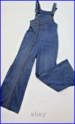 Vintage 70s Rainbow Stitched Denim Overalls Jumpsuit Jeans Bellbottom Dungaree