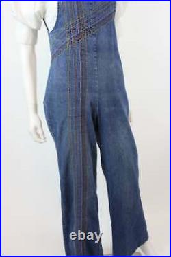 Vintage 70s Rainbow Stitched Denim Overalls Jumpsuit Jeans Bellbottom Dungaree