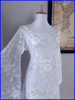 Vintage 70s White BoHo Sheer CUT OUT Hippy Crochet LACE Angel Wedding Maxi DRESS