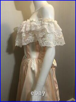 Vintage 80s Gunne Sax Dress Peach Striped Satin Lace Gown Maxi Southern Belle