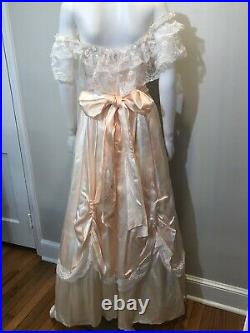 Vintage 80s Gunne Sax Dress Peach Striped Satin Lace Gown Maxi Southern Belle