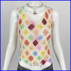 Vintage 90s Pastel Crochet Knitted Tank Top Iridescent Beading Boho Grunge Egirl
