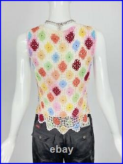 Vintage 90s Pastel Crochet Knitted Tank Top Iridescent Beading Boho Grunge Egirl