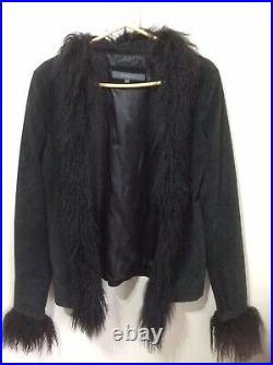 Vintage 90s Y2K Black Suede Leather Fur Cuffs Afghan Coat Penny Lane Jacket 8