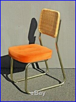 Vintage Accent Chair Mid Century Modern Gold Chrome & Rattan with Tufted Orange
