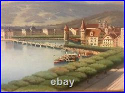 Vintage Antique Continental Coastal Harbor Scene Oil Painting