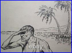 Vintage Antique Drawing Portrait Deserted Tropical Island Man Rodney Thomson