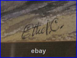Vintage Antique Ethel C Signed Watercolor Painting of Cabin & Barn