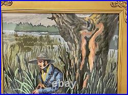Vintage Antique Gouache Painting Hunter Man with Gun in Landscape