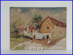 Vintage Antique Oil On Canvas Country Town Landscape Scenery Hand-painted Art