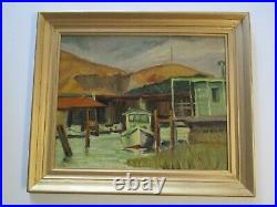 Vintage Antique Oil Painting American Regionalism Nautical Port Coastal Boats