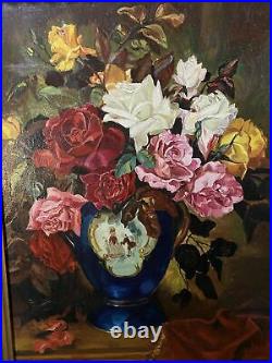 Vintage Antique Oil Painting Of Board Still Life Of A Floral Bouquet
