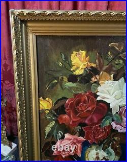 Vintage Antique Oil Painting Of Board Still Life Of A Floral Bouquet