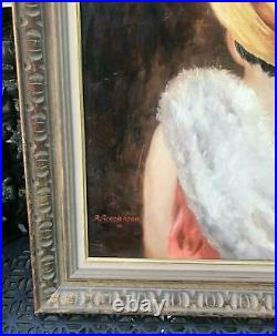 Vintage Antique Oil Painting On Canvas Backside Portrait & Pretty Carved Frame