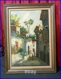 Vintage Antique Oil Painting On Canvas Mexican City Street Scene People Signed