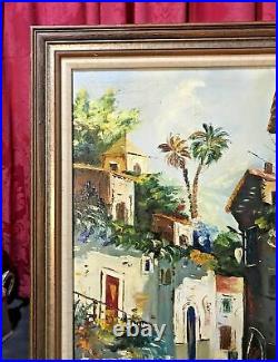Vintage Antique Oil Painting On Canvas Mexican City Street Scene People Signed