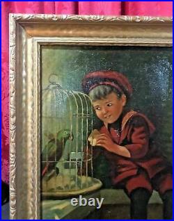 Vintage Antique Oil Painting On Canvas Of A Young Lad & His Parrot