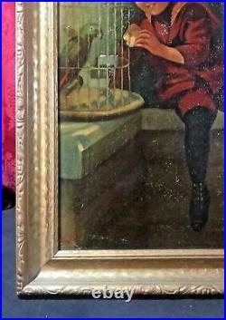 Vintage Antique Oil Painting On Canvas Of A Young Lad & His Parrot