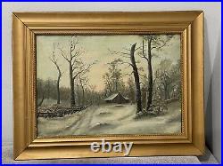 Vintage Antique Oil on Canvas Painting of Snowy Winter Landscape