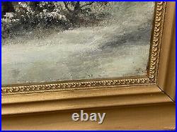 Vintage Antique Oil on Canvas Painting of Snowy Winter Landscape