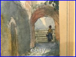 Vintage Antique Signed Watercolor Painting Depicting Figure in City / Village
