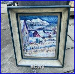 Vintage Antique Village Snow Scene Oil Painting