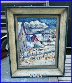 Vintage Antique Village Snow Scene Oil Painting